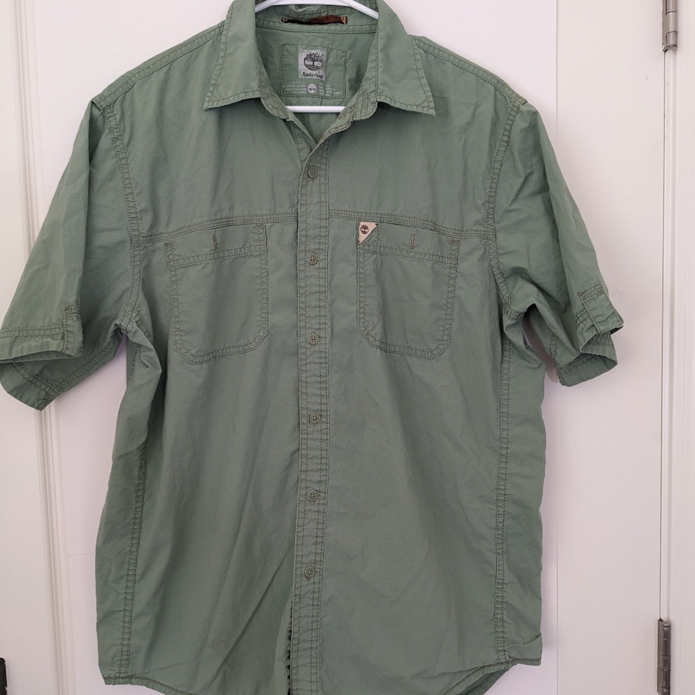 Timberland Men's Green Short Sleeve Button Summer Casual Shirt, Medium